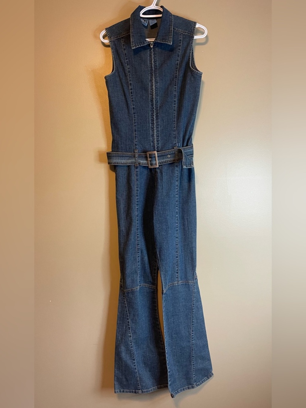 Vintage Y2K Groggy Stretch Denim Sleeveless Chunky Belt Flare Leg Jumpsuit